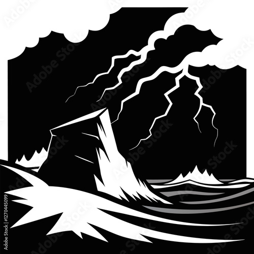 "A violent sea under a pitch-black sky, waves crashing with fierce energy. The jagged cliffs stand tall, barely visible in the mist, as lightning splits the sky in stark contrast." silhouette vector a