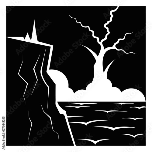 "A violent sea under a pitch-black sky, waves crashing with fierce energy. The jagged cliffs stand tall, barely visible in the mist, as lightning splits the sky in stark contrast." silhouette vector a