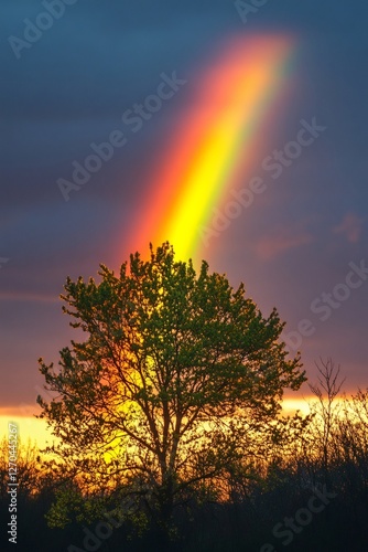 Rainbow appearing behind a tree at sunset illuminating the sky
