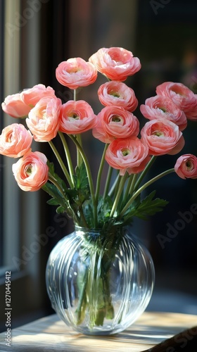 Beautiful pink flowers in a glass vase by a sunlit window