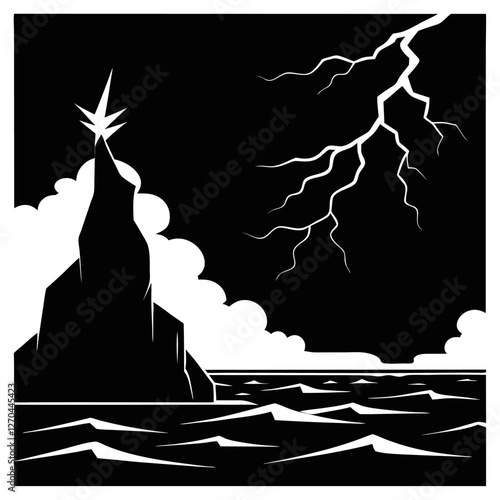 "A violent sea under a pitch-black sky, waves crashing with fierce energy. The jagged cliffs stand tall, barely visible in the mist, as lightning splits the sky in stark contrast." silhouette vector a