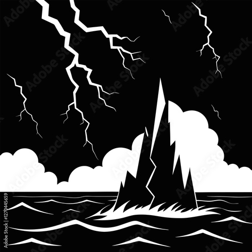 "A violent sea under a pitch-black sky, waves crashing with fierce energy. The jagged cliffs stand tall, barely visible in the mist, as lightning splits the sky in stark contrast." silhouette vector a