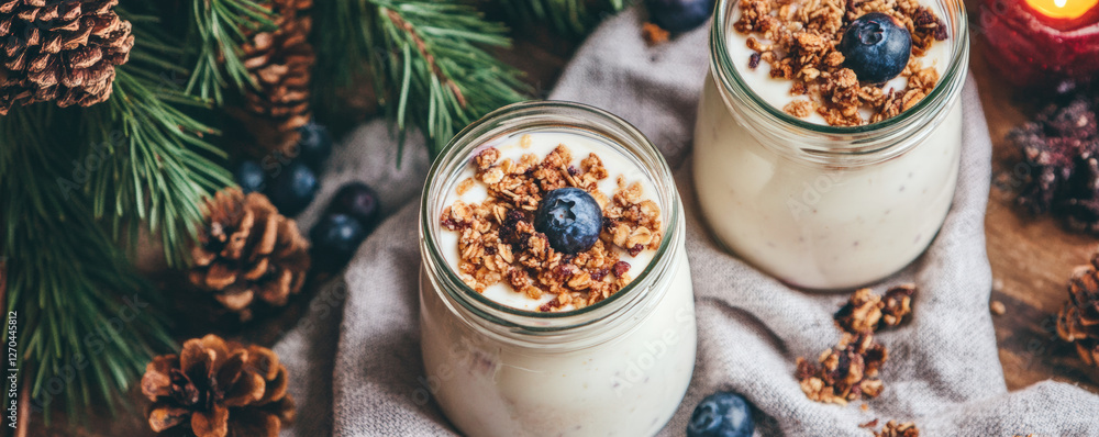 Creamy yogurt in glass jars topped with granola and blueberries, surrounded by pinecones and festive decor, evokes cozy holiday atmosphere