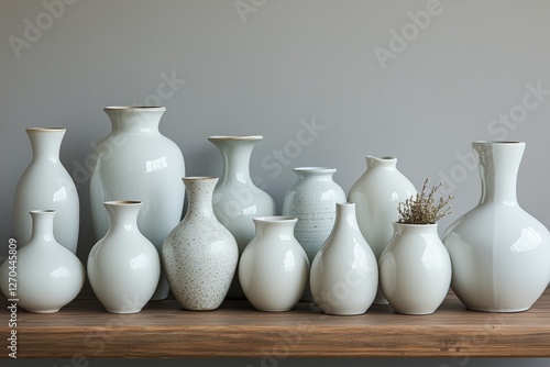 White ceramic vases arranged on a wooden table in a modern interior design se...