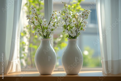 Charming white flower arrangements in vases by the window during a sunny afte...