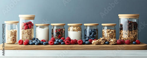 Wallpaper Mural Fresh yogurt, granola, and assorted berries in glass jars on wooden board create vibrant and healthy display. Perfect for breakfast or snack ideas Torontodigital.ca