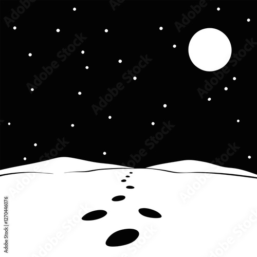 "A vast, snowy tundra under a cold, moonlit night. Footsteps disappear into the distance, with no signs of life around, emphasizing the vast emptiness."