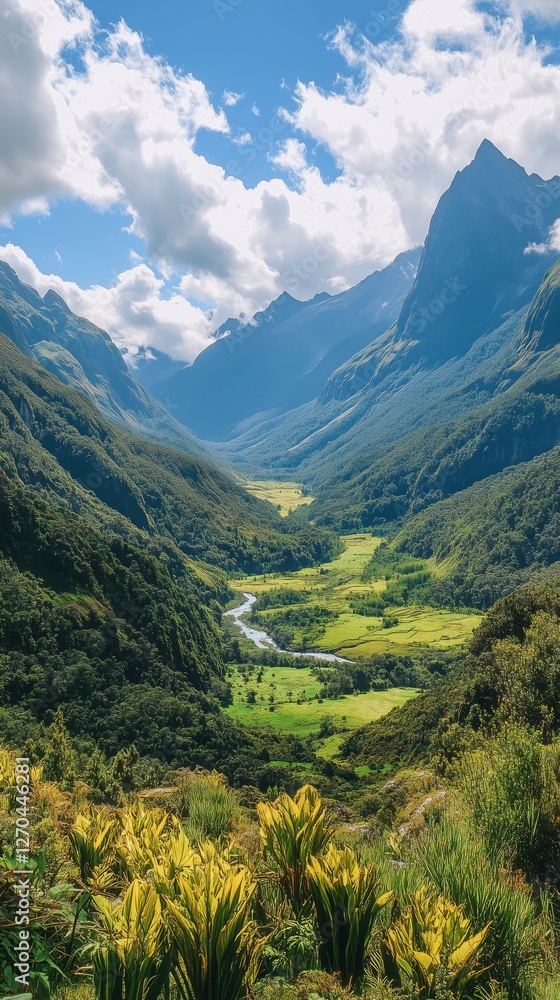 Fototapeta premium Breathtaking mountain valley with a winding river and lush greenery in bright daylight