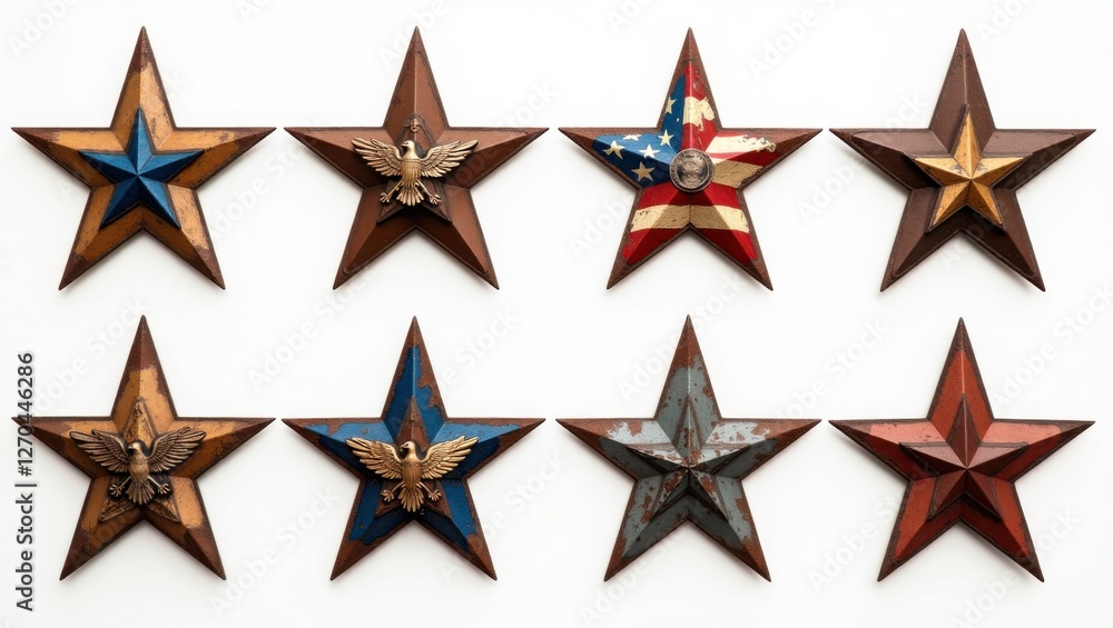Obraz premium A set of rustic metal stars with a distressed finish, featuring vintage patriotic designs like faded stripes, nostalgic badges, and classic eagles.