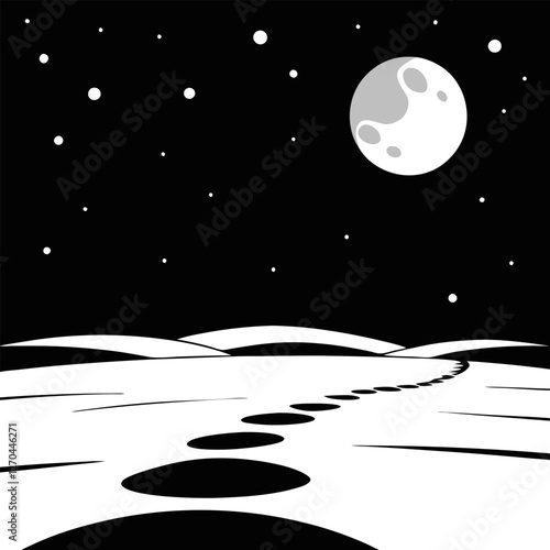 "A vast, snowy tundra under a cold, moonlit night. Footsteps disappear into the distance, with no signs of life around, emphasizing the vast emptiness."