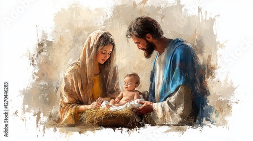 Nativity Scene in Bethlehem Watercolor Painting with Holy Family, Baby Jesus, Joseph and Mary - Christmas Illustration with Copy Space