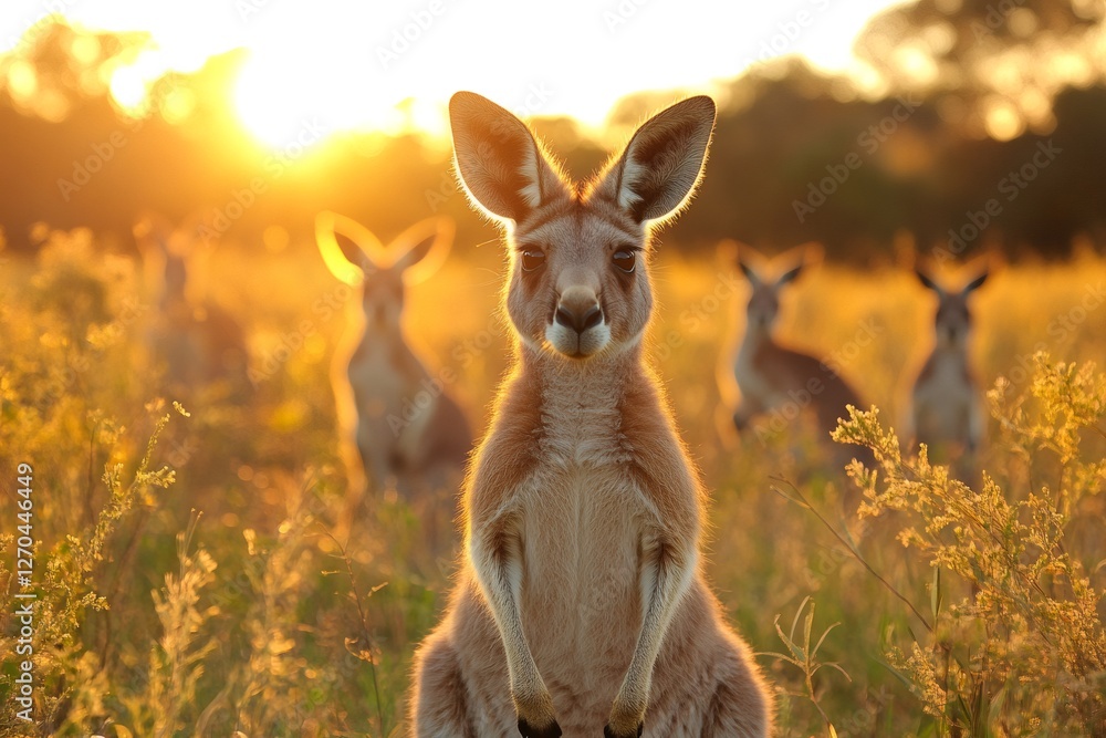 Fototapeta premium Kangaroos enjoying golden sunset in Australia