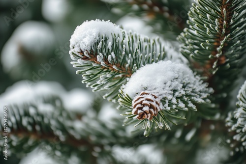 Snow-covered pine branches create a serene winter landscape in a snowy forest...