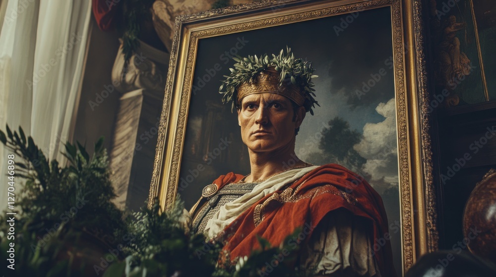 Naklejka premium Portrait of a roman emperor with laurel wreath in golden frame style