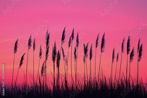 Vibrant sunset sky with silhouetted grass in shades of pink and purple near a...