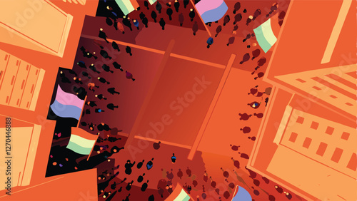 A breathtaking aerial shot of a colossal political rally overflowing city streets, showcasing dense crowds and vibrant banners.