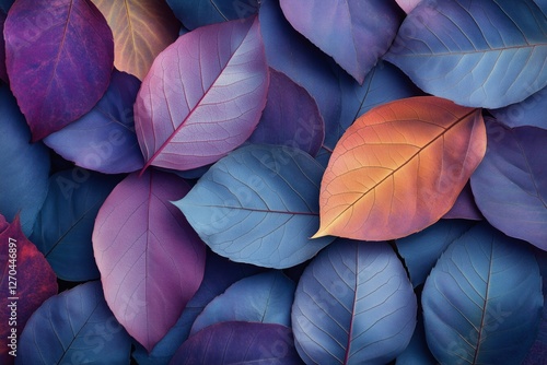 Colorful arrangement of purple and blue leaves creating an abstract background