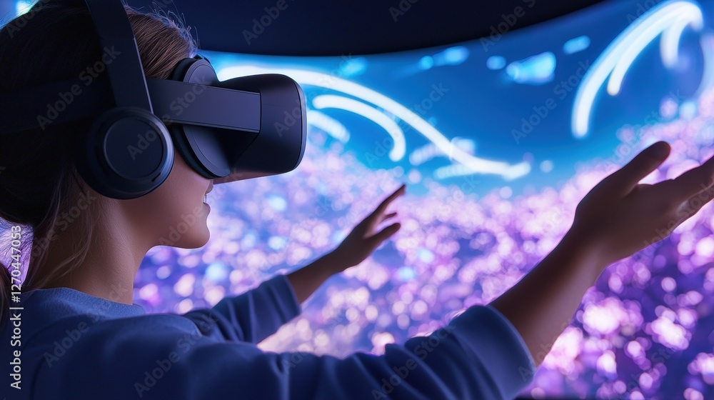 A person experiences virtual reality, wearing a headset and interacting with vibrant, immersive visuals in a dynamic digital environment. A person experiences virtual reality, wearing a headset and interacting with vibrant, immersive visuals in a dynamic digital environment.
