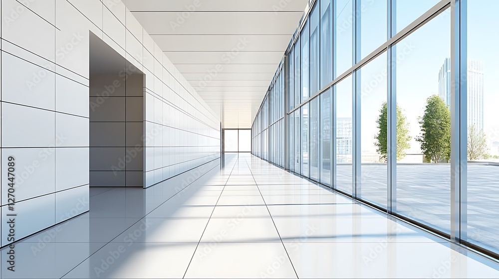 Modern building hallway with large windows and city view Modern building hallway with large windows and city view