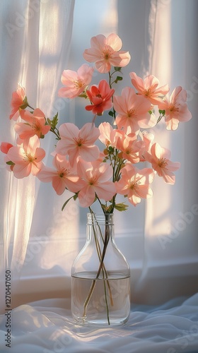Beautiful pink flowers in a glass vase by a sunlit window