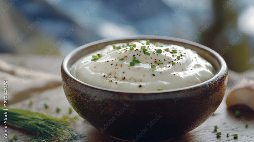 Creamy sour cream in rustic ceramic bowl, garnished with fresh herbs and black pepper, evokes sense of comfort and culinary delight Creamy sour cream in rustic ceramic bowl, garnished with fresh herbs and black pepper, evokes sense of comfort and culinary delight