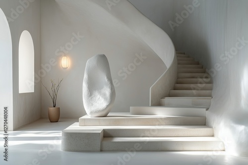 Imposing abstract sculpture displayed in minimalist interior with natural lig...