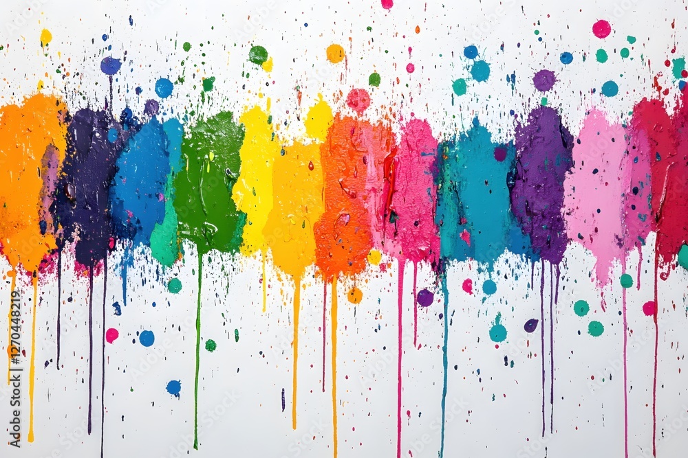 Fototapeta premium Vibrant Rainbow Paint Splatter on White Background Expressive Colorful Abstract Art