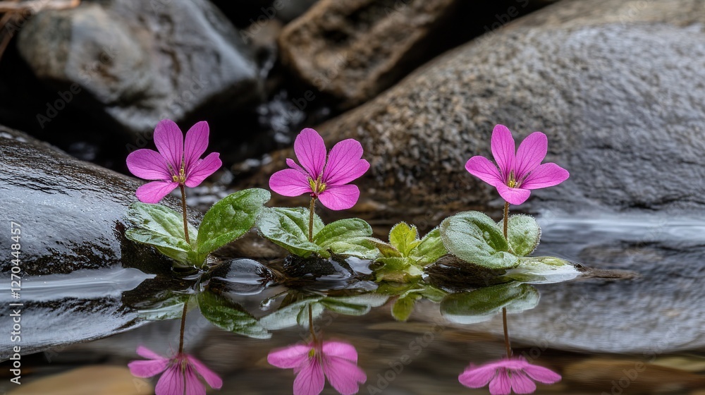 Pink wildflowers reflecting in mountain stream Pink wildflowers reflecting in mountain stream
