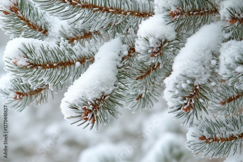 Snow-covered pine branches create a serene winter landscape in a snowy forest...