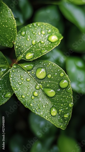 Close-up of a dewy green leaf with water droplets in a lush garden after rain