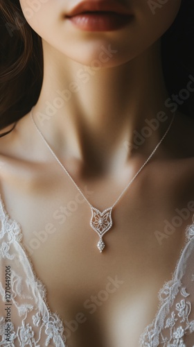 Elegant jewelry display on a model showcasing a delicate necklace in a soft a...