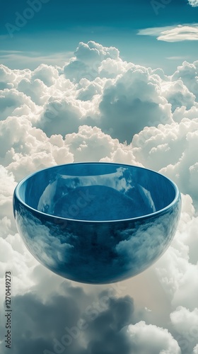 Bright blue bowl floating among fluffy white clouds under a clear blue sky