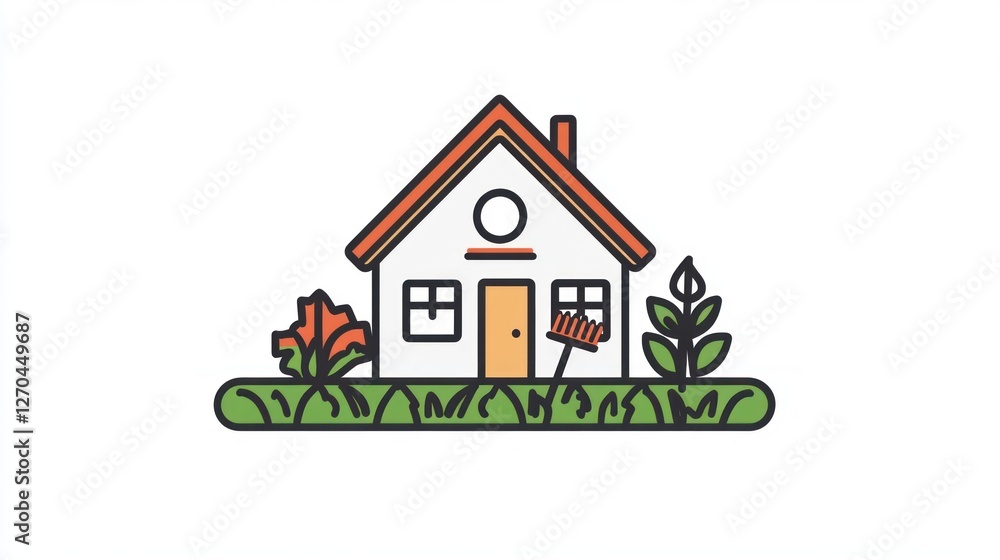 Suburban house, spring cleaning, yard work, green lawn, home maintenance Suburban house, spring cleaning, yard work, green lawn, home maintenance