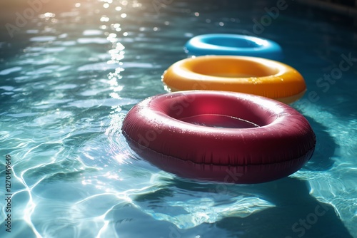 Colorful inflatable rings floating in a tranquil swimming pool on a sunny day