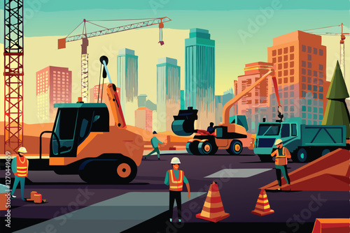A bustling road construction site amidst a dense urban environment;  heavy machinery, workers, and partially completed infrastructure.