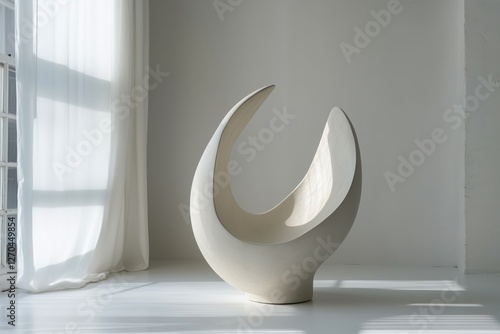 Imposing abstract sculpture displayed in minimalist interior with natural lig...