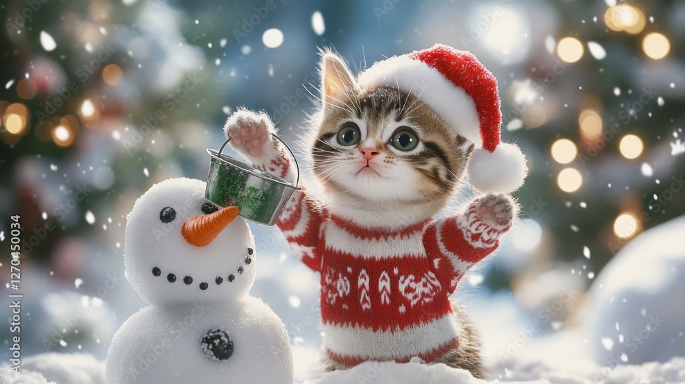 Whimsical winter, a festive kitten helping to build a charming snowman Whimsical winter, a festive kitten helping to build a charming snowman