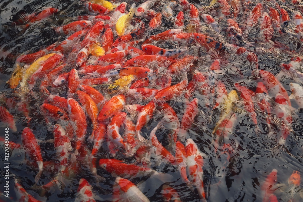 Colorful koi fish swim together in a pond Colorful koi fish swim together in a pond