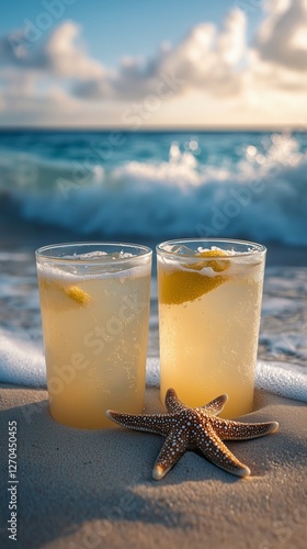 Two refreshing drinks with lemon slice next to a starfish on sandy beach duri...
