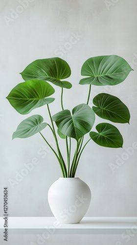 Elegant green leaves in a simple white vase on a minimalistic table