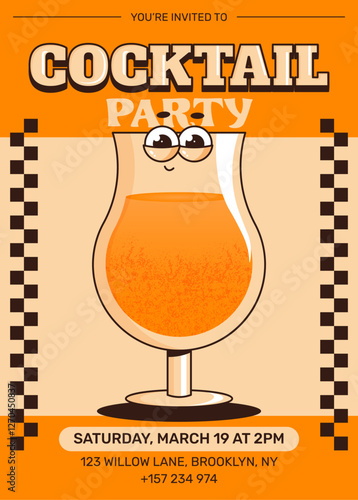 Groovy character cocktail. Retro summer party invitation poster with alcoholic or nonalcoholic beverage. Vintage vector illustration for cafe, bar, pub, lounge. Orange colors