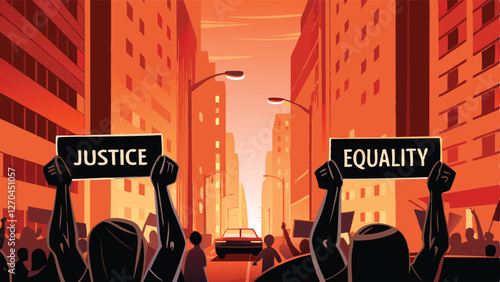 A vibrant cityscape backdrop features a diverse crowd of protesters holding signs, emphasizing their message of dissent.  The image should capture the energy and emotion of the demonstration.