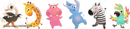 Safari animals collection dancing jumping and celebrating. Party and entertainment wildlife characters design for children. Vector funny animals design for kids party, isolated cartoon collection.