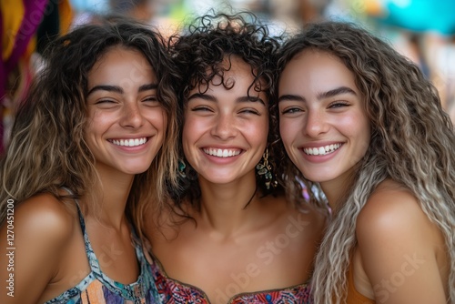 Three women with curly hair smile together at a tropical location during the day