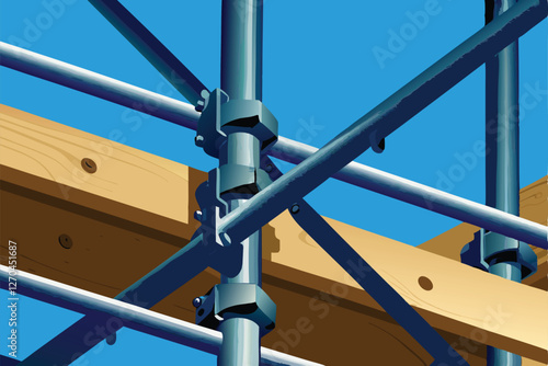 Close-up detailed illustration of intricate scaffolding and wooden beams, emphasizing texture and construction details.