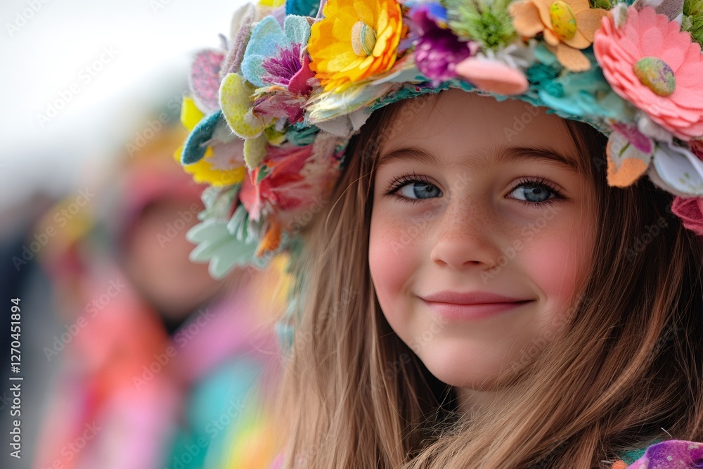 Fototapeta premium Smiling girl wearing colorful flower hat enjoying parade