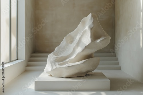 Imposing abstract sculpture displayed in minimalist interior with natural lig...