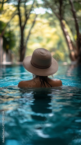 Relaxing in a serene pool under the warm sun surrounded by trees