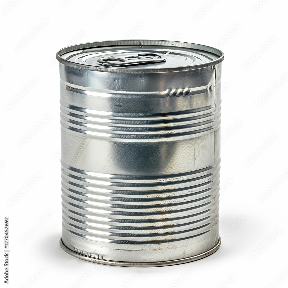 A shiny metal canister with a pull-tab lid, commonly used for storing food or liquids. isolated on white background A shiny metal canister with a pull-tab lid, commonly used for storing food or liquids. isolated on white background