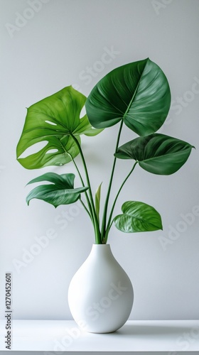 Elegant green leaves in a simple white vase on a minimalistic table